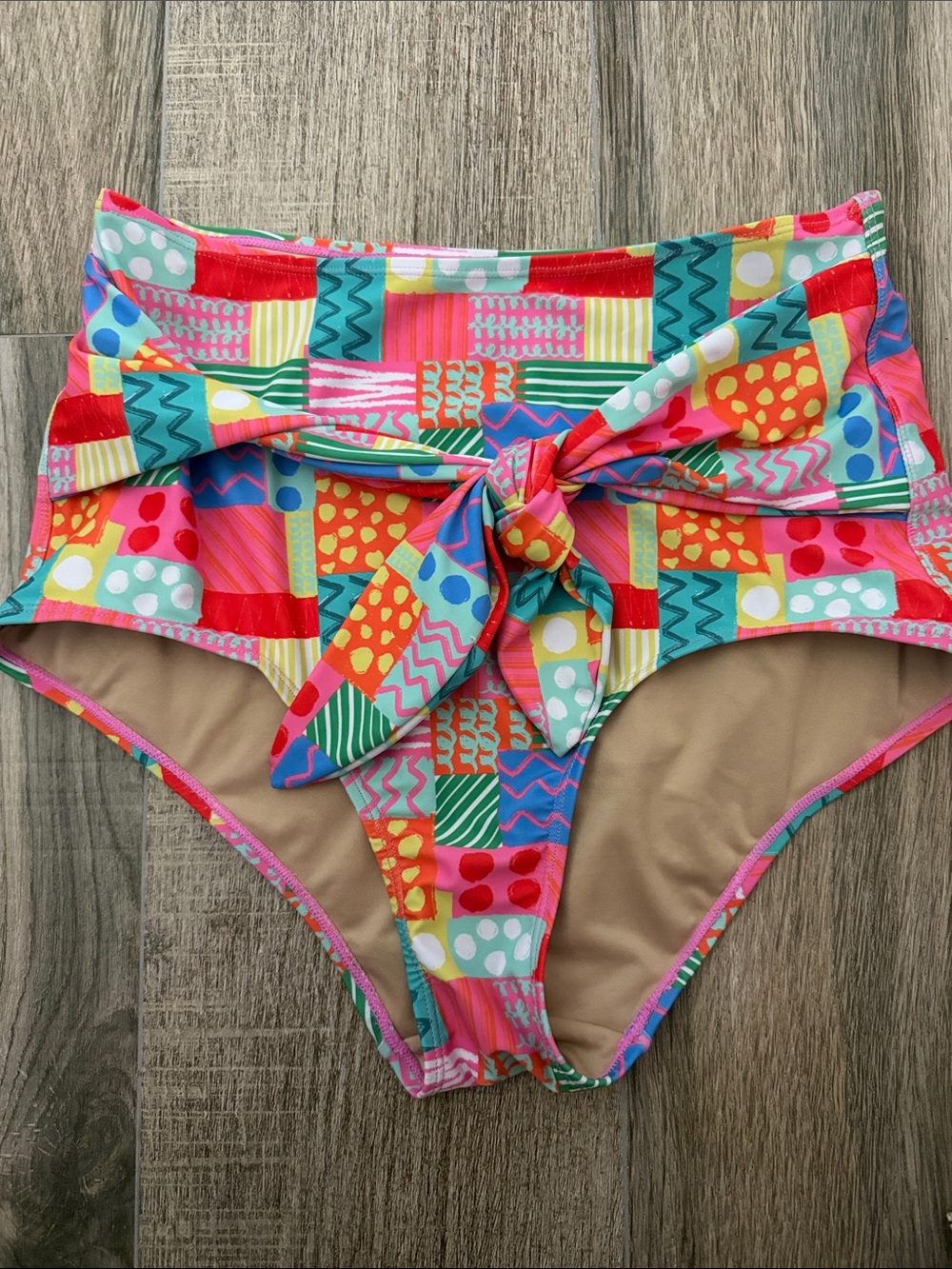 High-Waist Multi-Color Patchwork Bikini Bottom with Front Tie